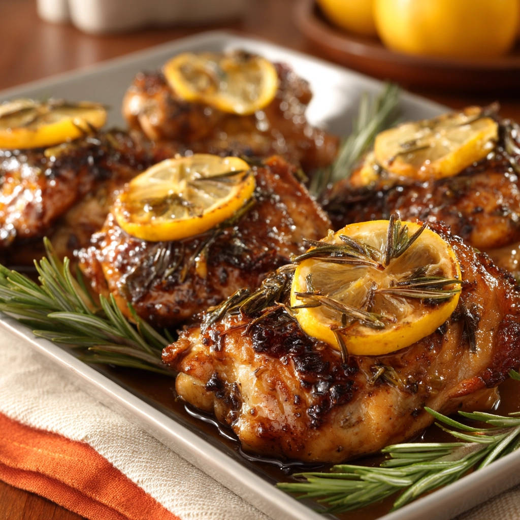 Lemon Rosemary Roasted Chicken close-up showing a glistening piece topped with a lemon slice and fresh rosemary sprigs.