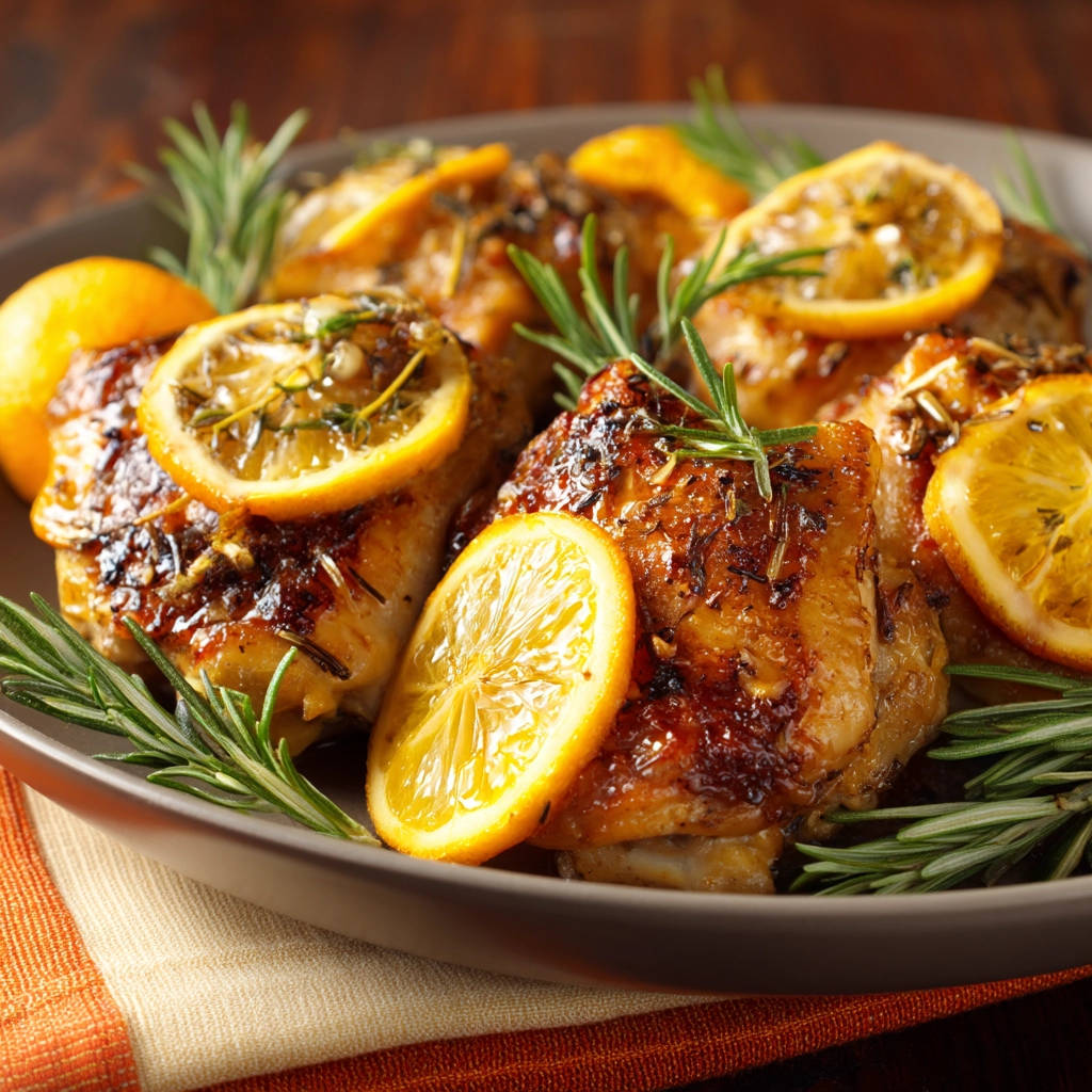 Lemon rosemary roasted chicken close-up, beautifully garnished with fresh lemon slices and rosemary sprigs.