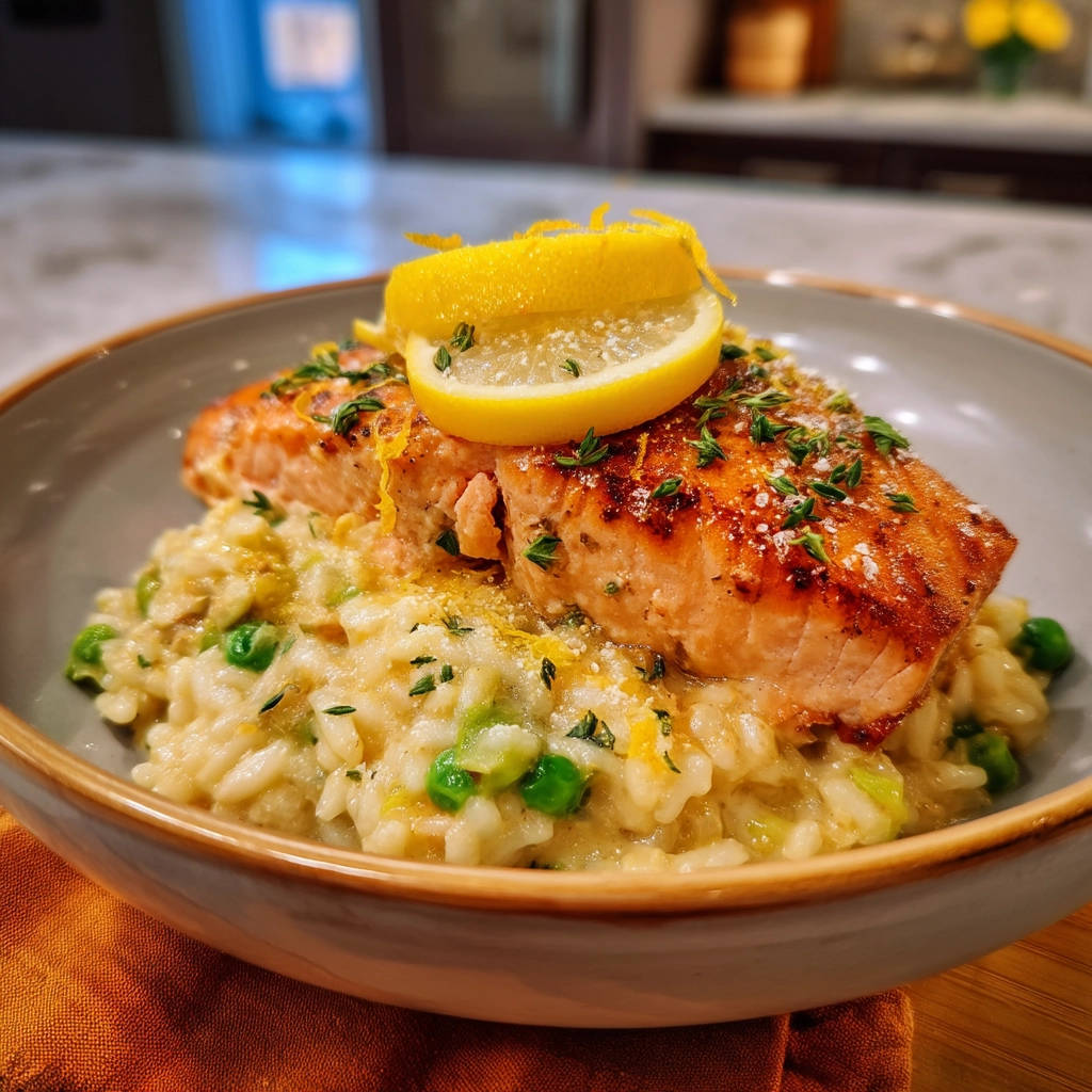 Lemon salmon and pea risotto with a lemon slice and thyme garnish, presented in a bowl with a close-up view.