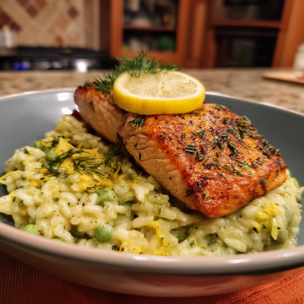 Lemon salmon and pea risotto plated close-up with a lemon slice and dill garnish.