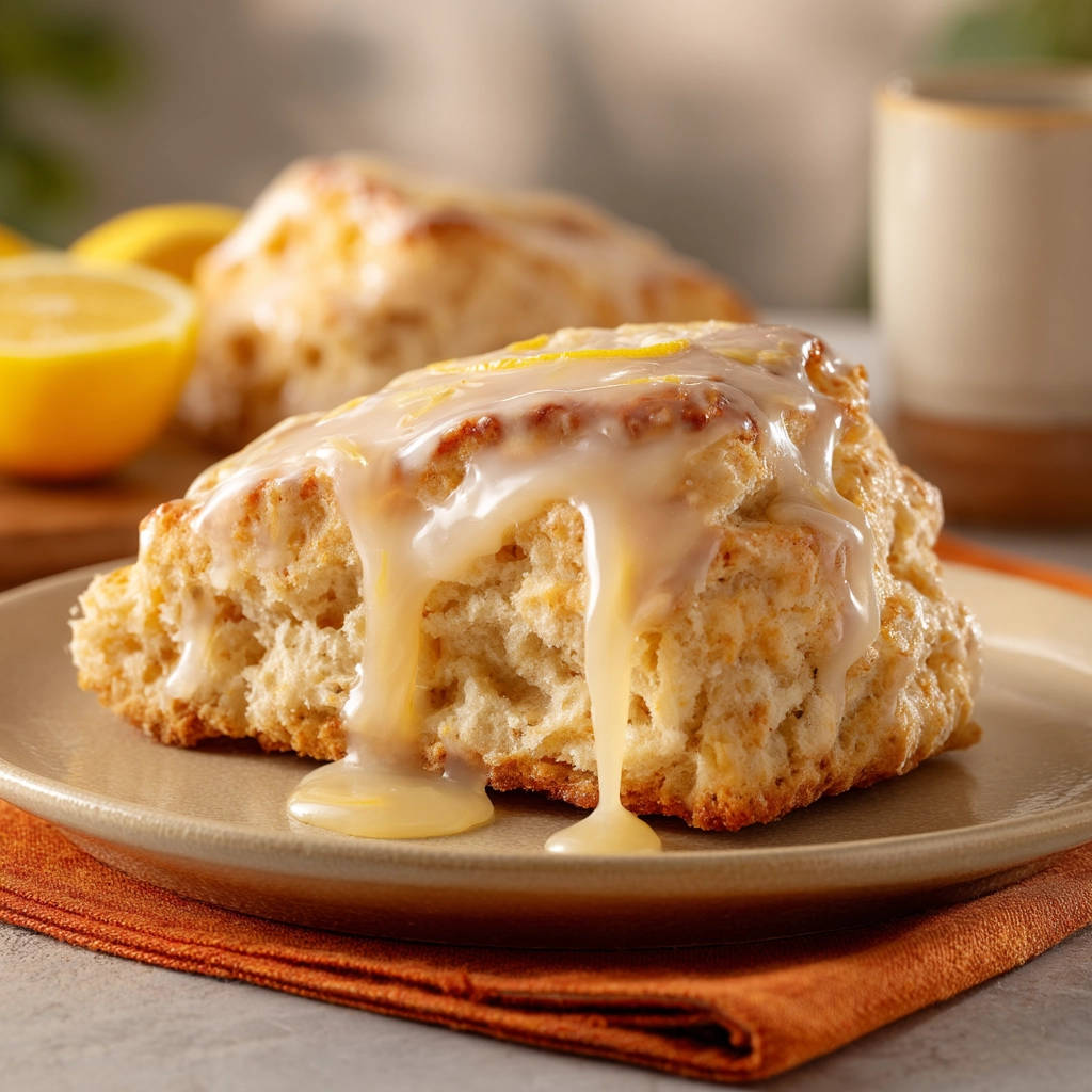Lemon scones with a thick, creamy glaze dripping down the side, showcasing their tender texture.