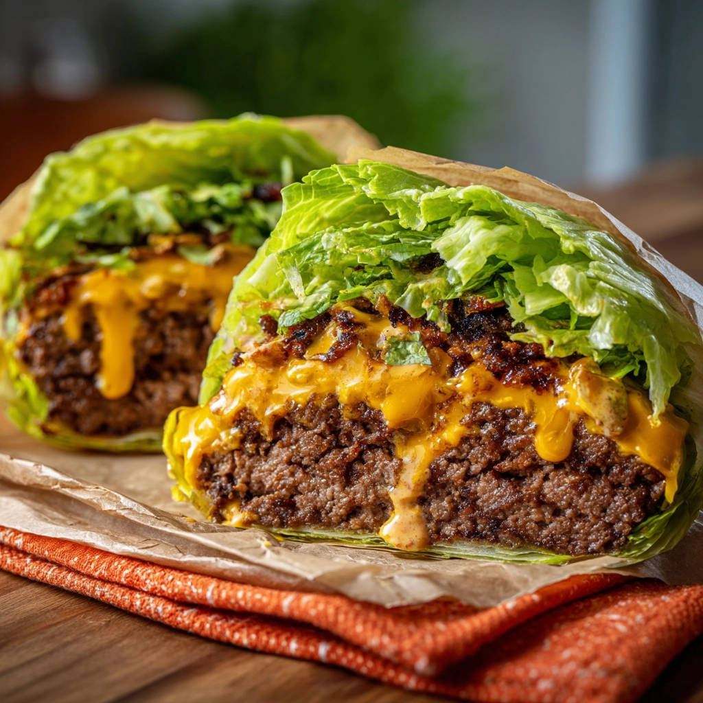Actually stays together lettuce-wrapped burgers shown in a close-up cross-section with melted cheese oozing out.