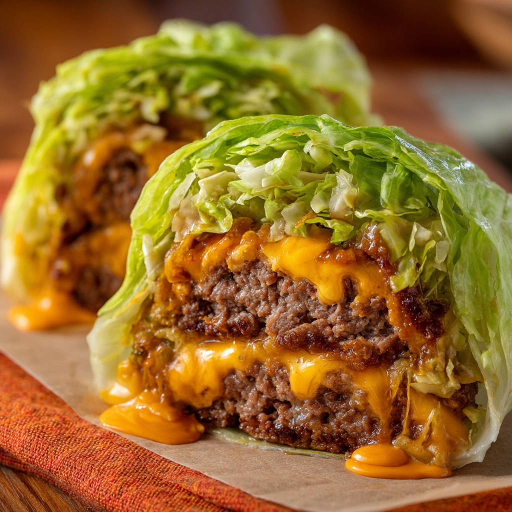 Actually stays together lettuce-wrapped burgers shown in a close-up cross-section with melted cheese oozing out.