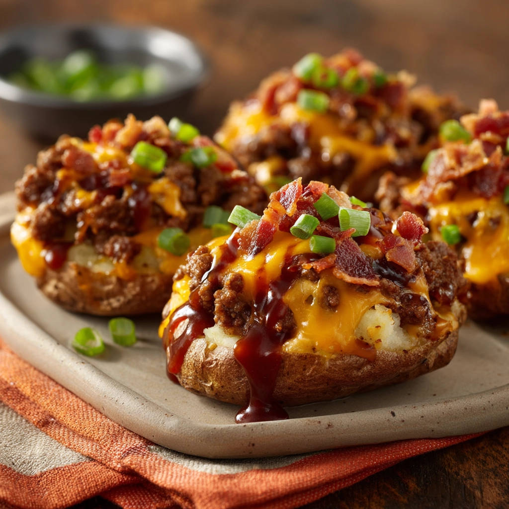 Loaded baked potatoes topped with BBQ beef, melted cheese, bacon, and green onions.