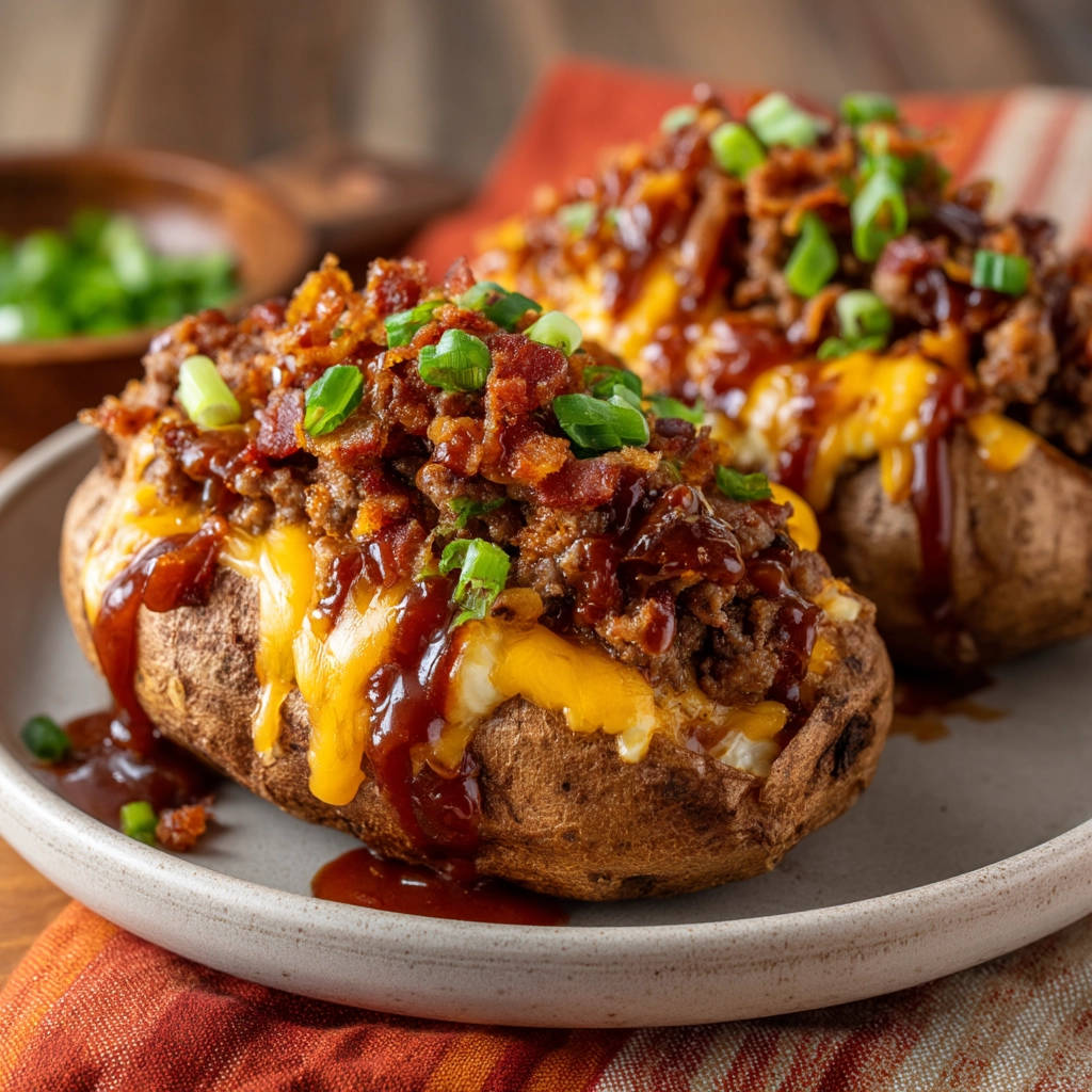 Loaded baked potatoes topped with crumbled bacon, melted cheese, and chopped green onions, drizzled with barbecue sauce.