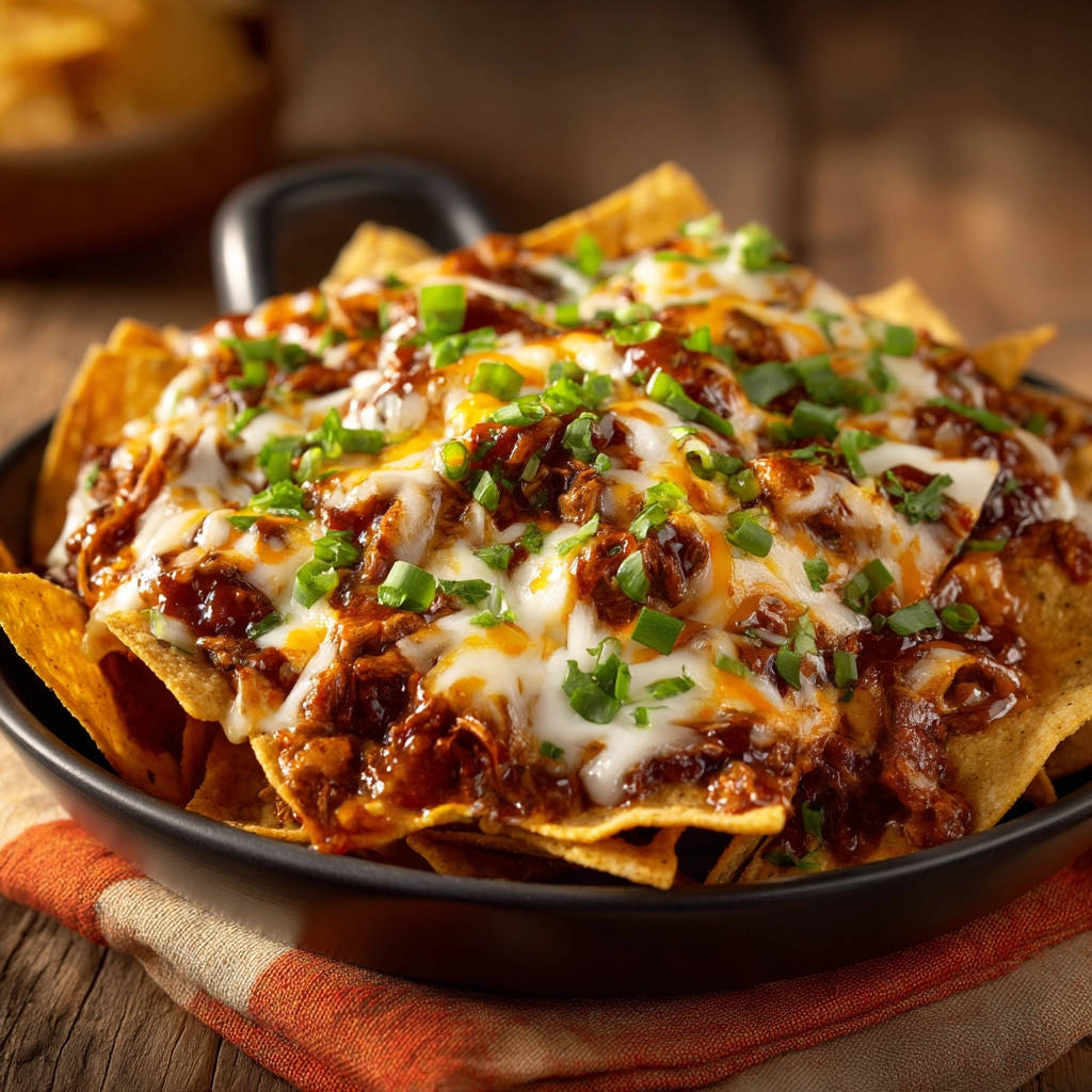 Loaded beef nachos featuring a generous cheesy topping and fresh green onion garnish.