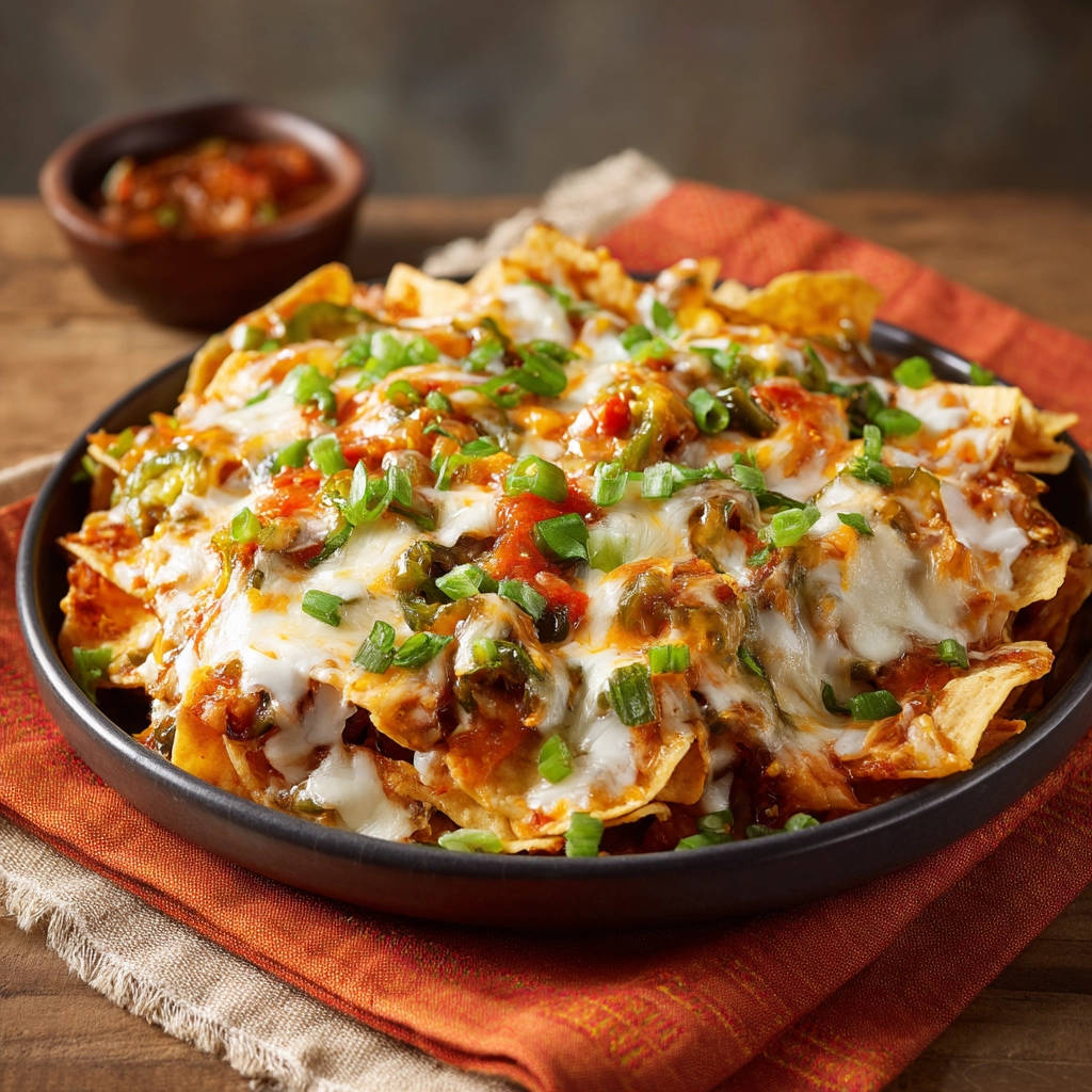 Loaded beef nachos with melted cheese and fresh green onion garnish, served with salsa.