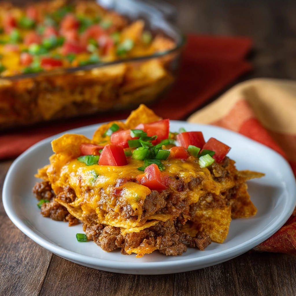 Loaded beef nachos served on a white plate, showcasing layers of seasoned ground beef, cheese, and tortilla chips, topped with fresh tomatoes and green onions.