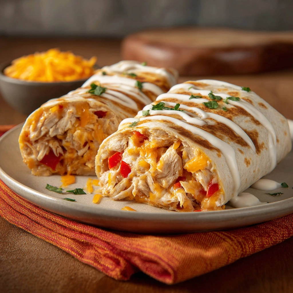 Loaded chicken and cheese burrito shown in a close-up cross-section revealing shredded chicken, melted cheese, and red peppers.