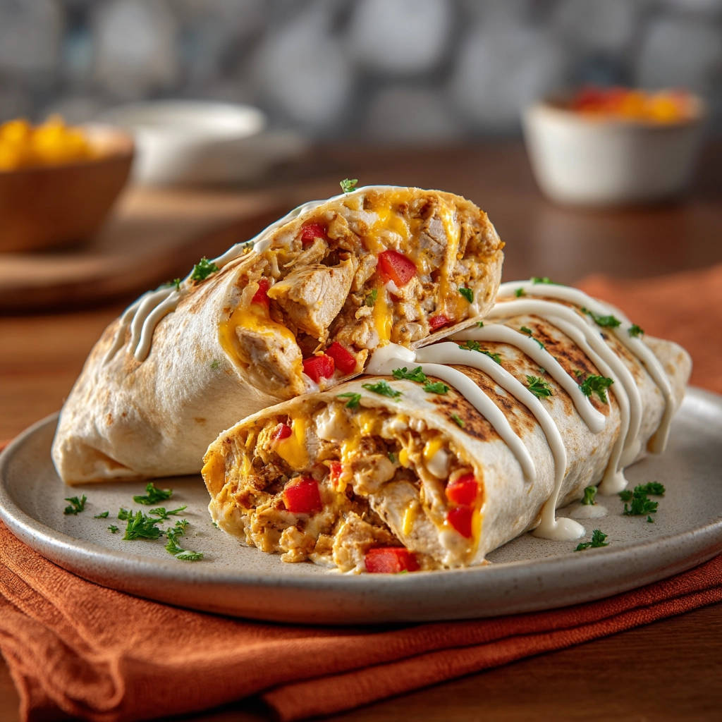 Perfectly juicy loaded chicken and cheese burrito shown in a mouthwatering cross-section revealing its cheesy interior.