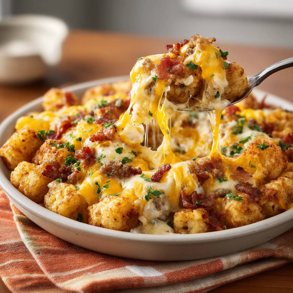 Loaded tater tot casserole with a gooey cheese pull being lifted by a spoon, topped with bacon and parsley.