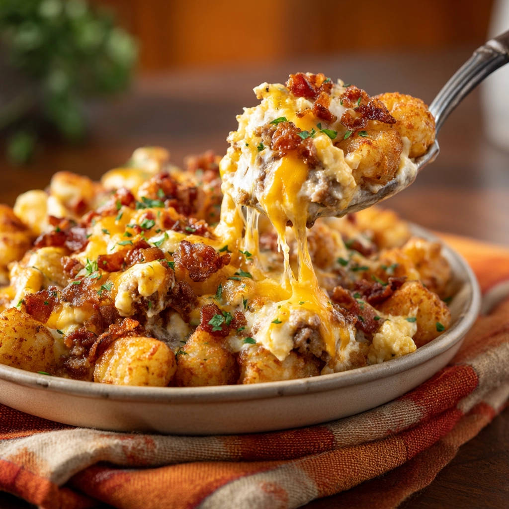 Loaded tater tot casserole shown with a spoonful being lifted, revealing melted cheese and bacon topping.