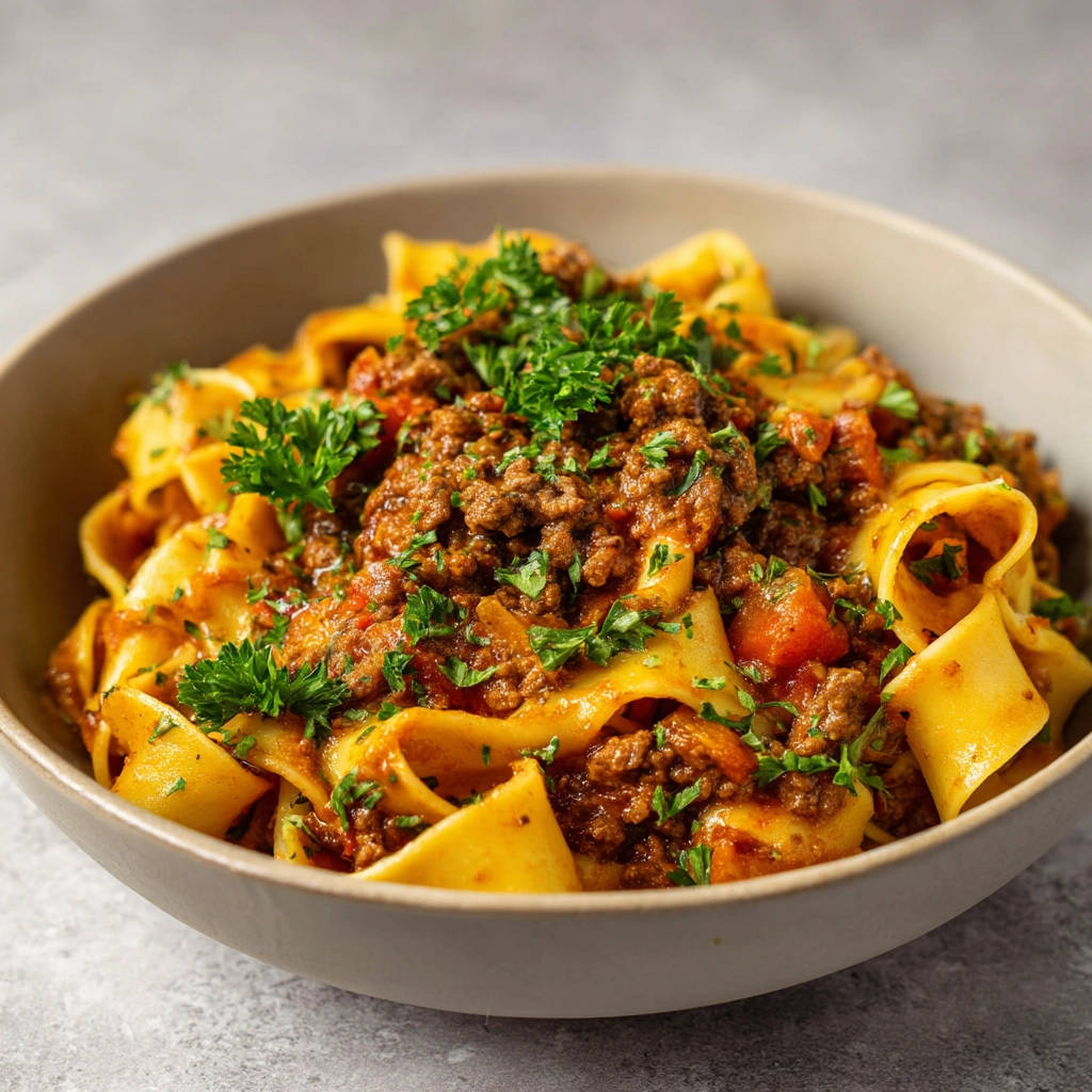 Delicious quick meat sauce pasta topped with fresh parsley in a bowl.