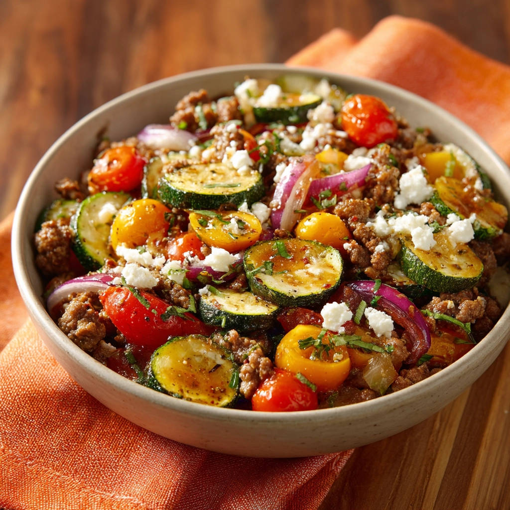 Mediterranean meat & veggie rice bowl with zucchini, tomatoes, red onion, and crumbled feta cheese, shown in a close-up view.