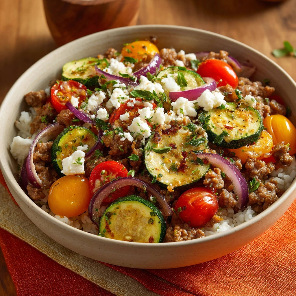 Mediterranean meat & veggie rice bowl overhead view showing crumbled meat, zucchini, tomatoes, red onion, and feta cheese.