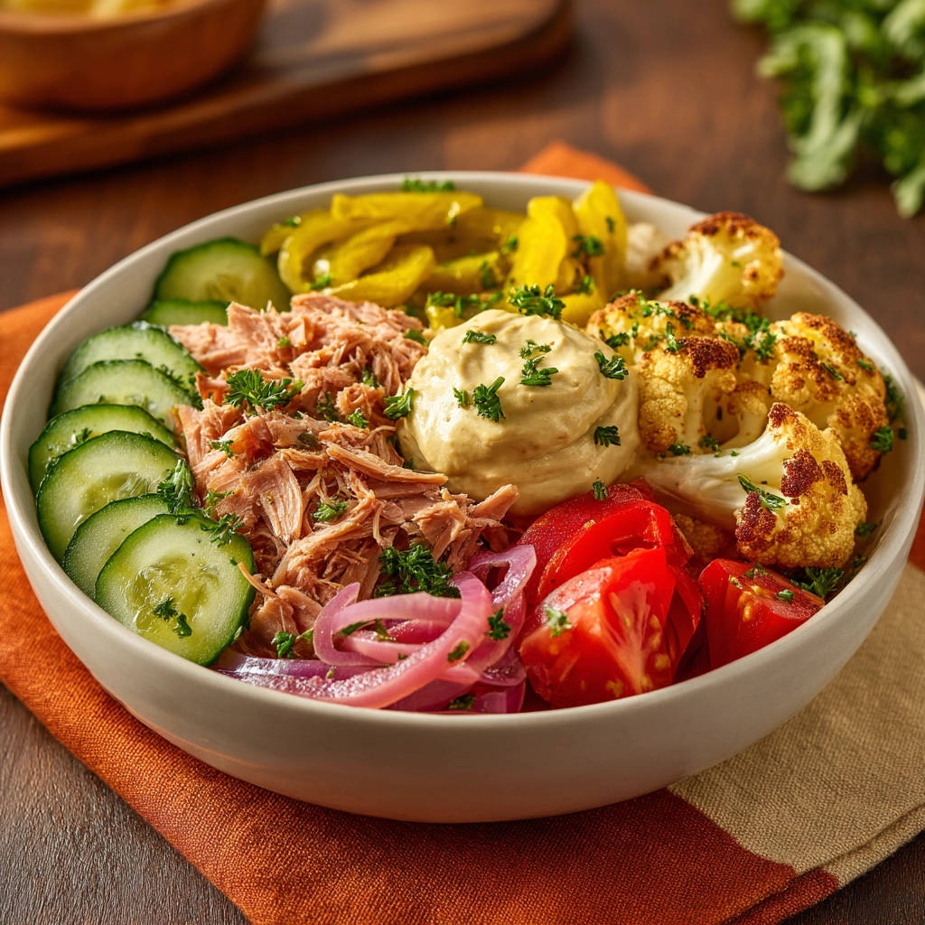 Amazing Mediterranean protein bowl featuring shredded chicken, hummus, cucumbers, tomatoes, and roasted cauliflower, artfully arranged.