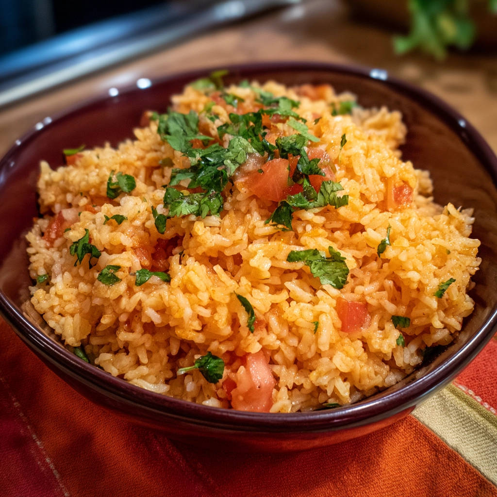 Simple Mexican Rice garnished with chopped tomatoes and cilantro, served in a dark bowl.