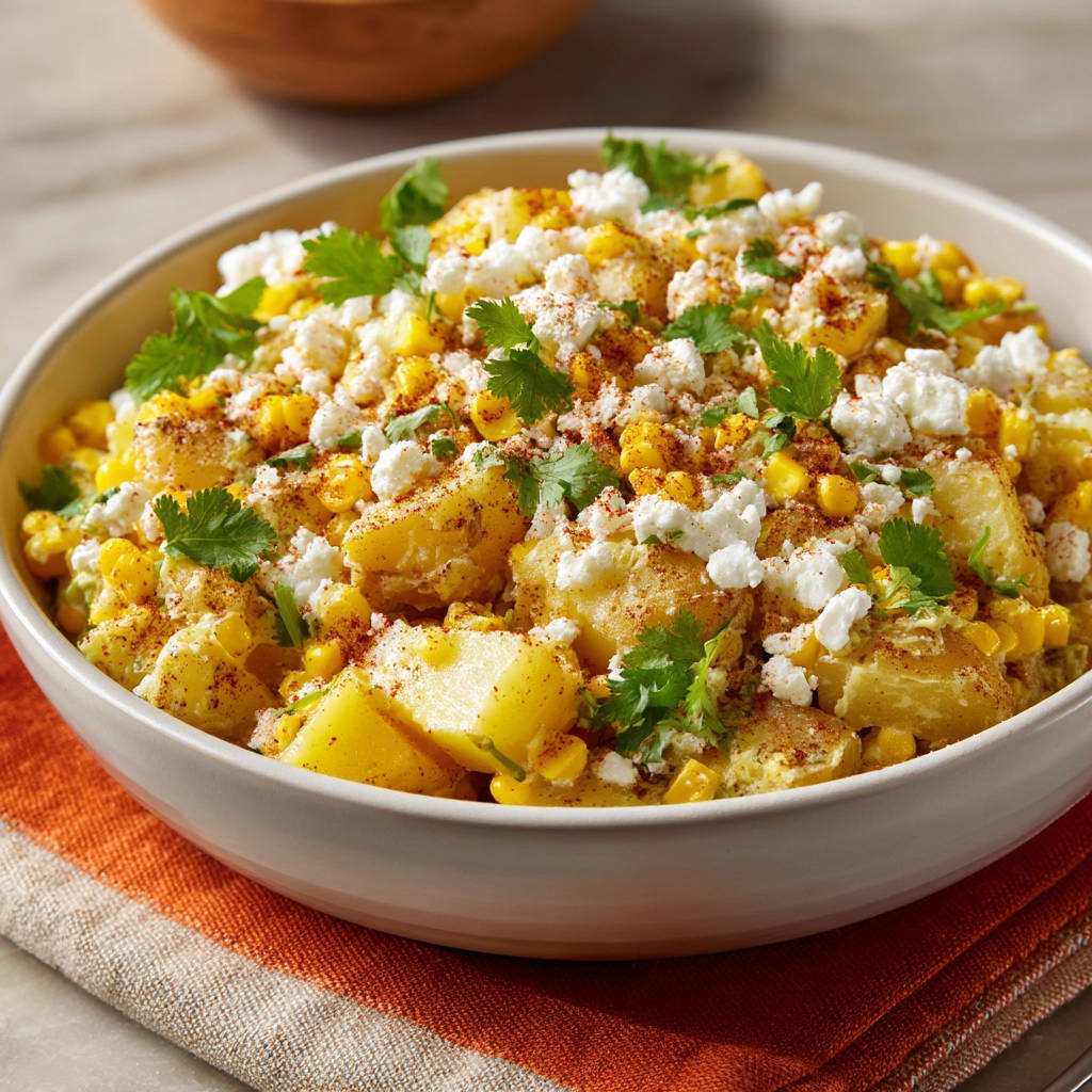 Mexican street corn potato salad shown in a close-up view of a white bowl, topped with crumbled cheese and cilantro.
