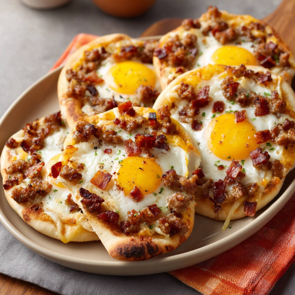 Mini breakfast bites on a plate, featuring a close-up view of a runny egg yolk and savory toppings.