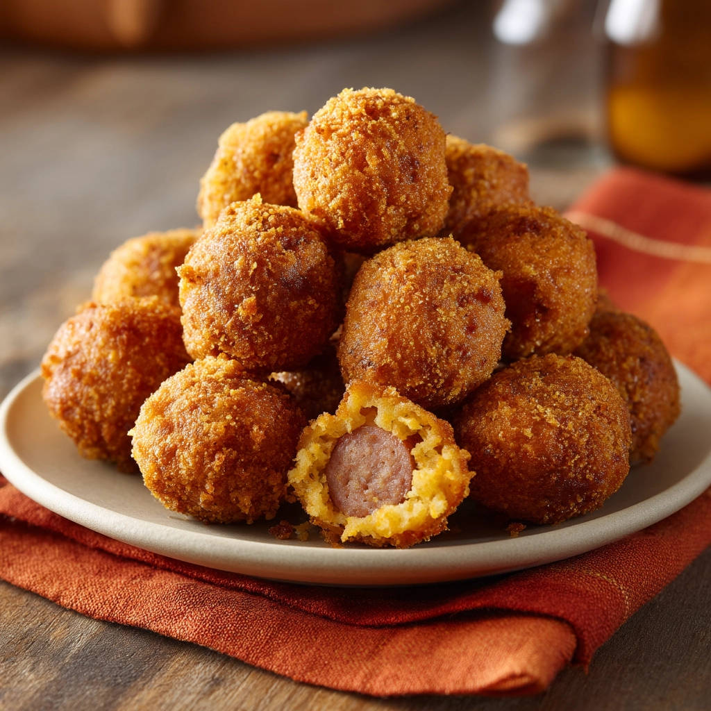Classic mini corn dog bites shown with a close-up cross-section revealing the hot dog inside the cornmeal batter.