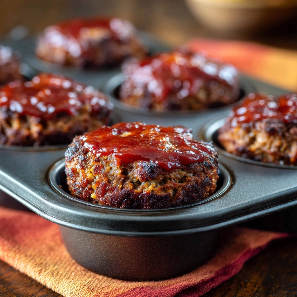 Mini meatloaves in a muffin tin, topped with a shiny red glaze, showing a close-up view.