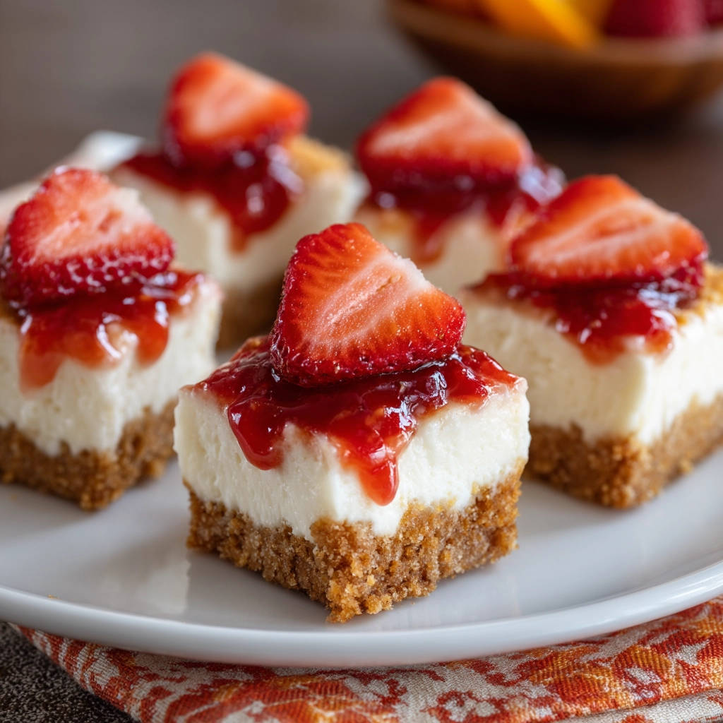 Mini strawberry cheesecakes garnished with fresh fruit and strawberry topping, served on a white plate.