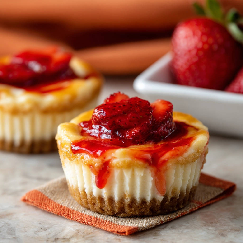Mini strawberry cheesecakes topped with fresh strawberries and red glaze, a close-up view.