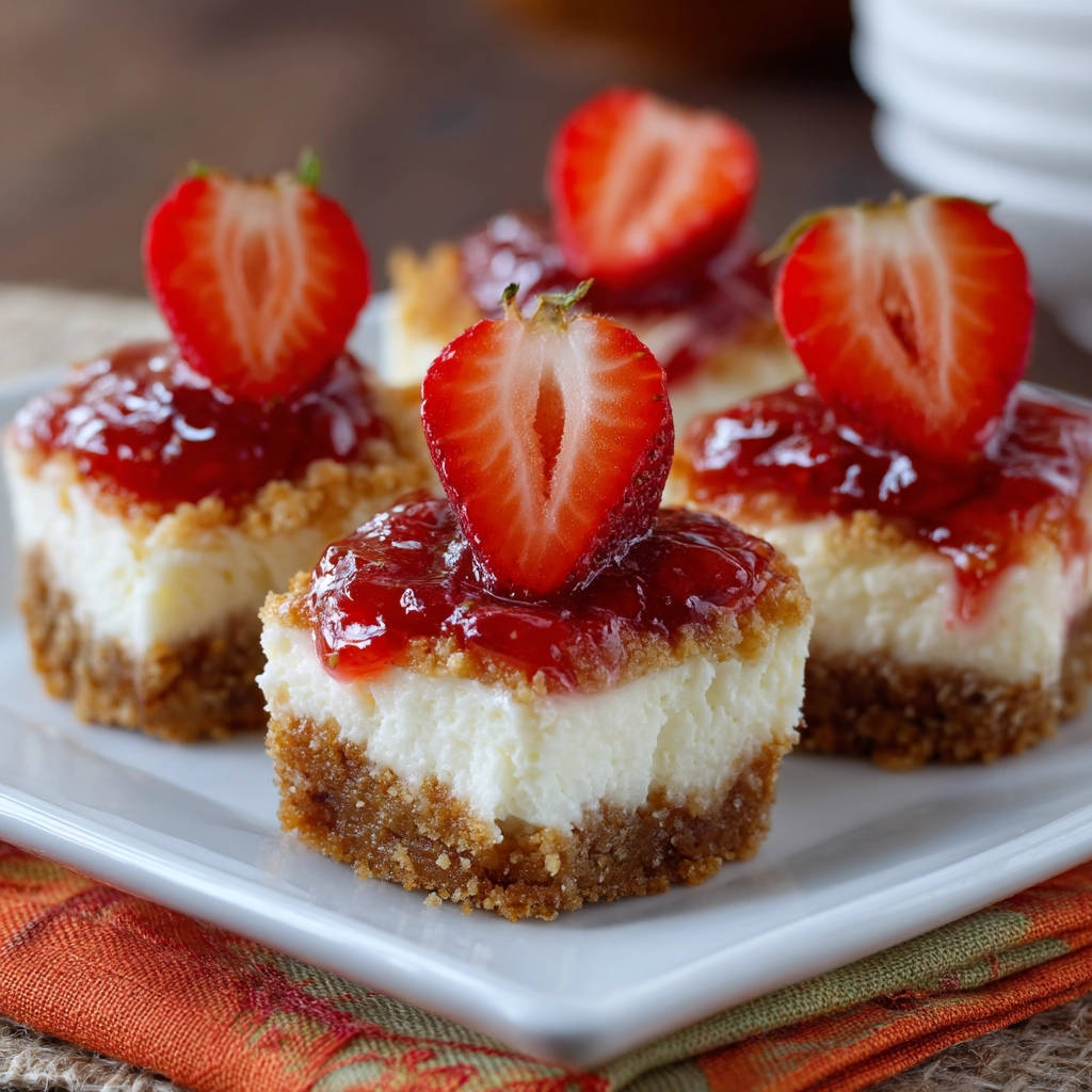 Mini strawberry cheesecakes plated with a close-up view of the creamy filling and graham cracker crust, topped with fresh strawberry slices.