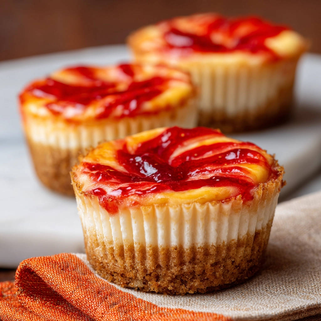 12 mini strawberry cheesecakes with a vibrant red swirl topping arranged on a white marble board.