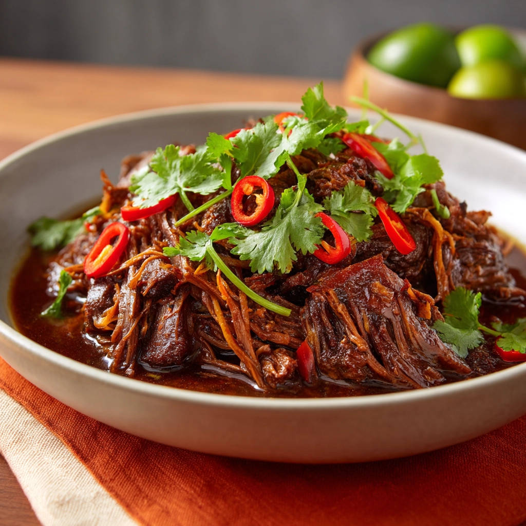 Moist shredded beef generously garnished with fresh cilantro and sliced red chili peppers.