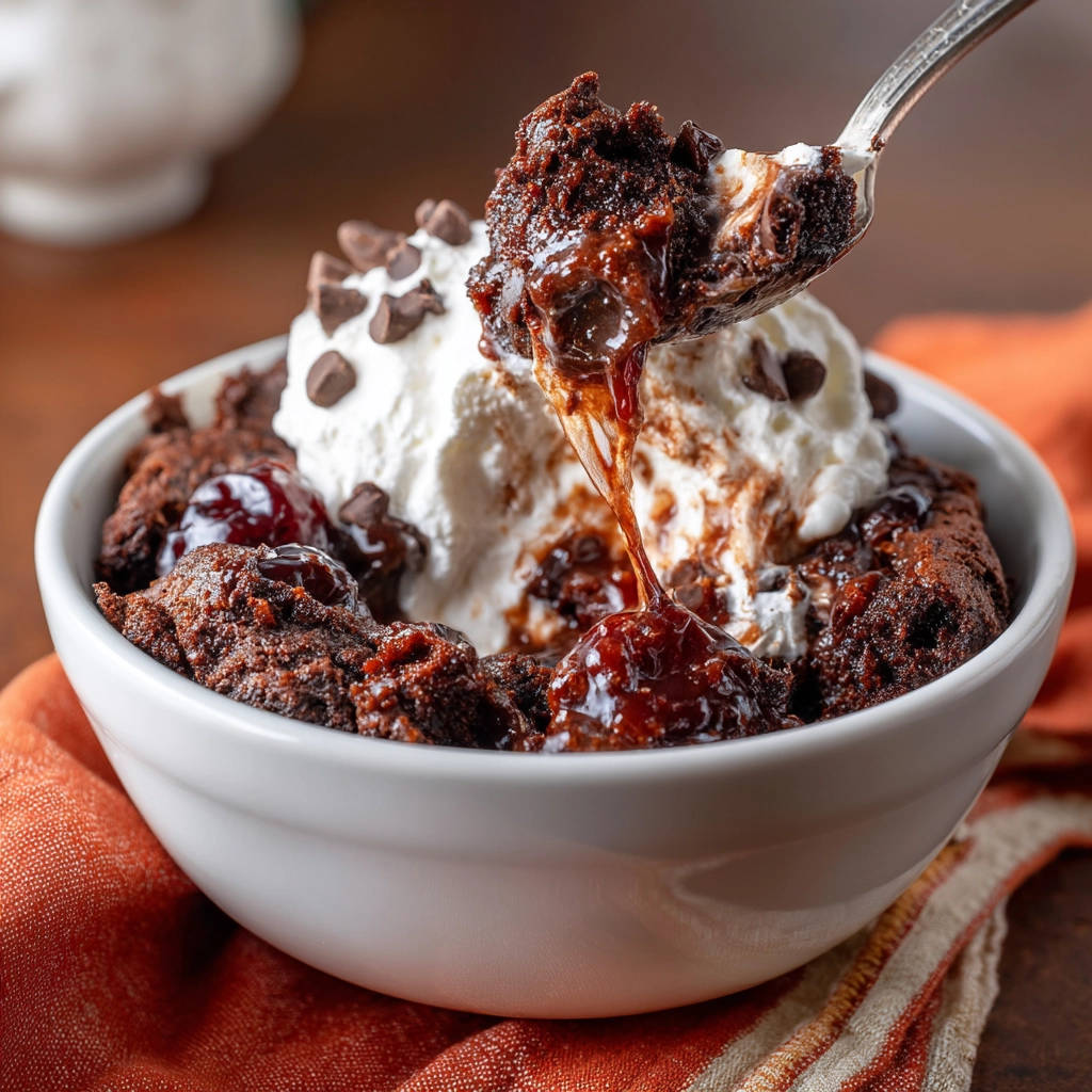 Molten Chocolate Fudge Bowl with a spoonful of rich fudge oozing over whipped cream and chocolate chips.