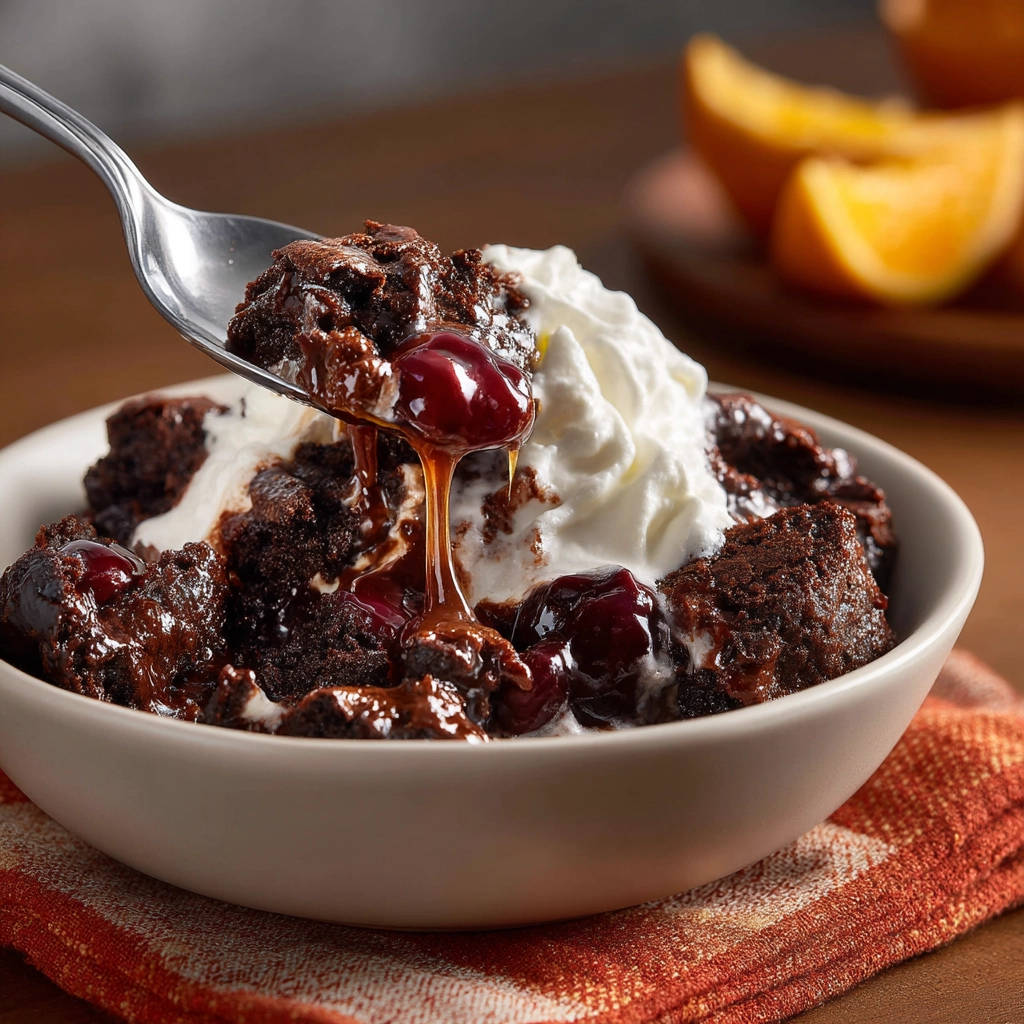 Molten chocolate fudge bowl with a spoonful of chocolate cake and cherries being lifted out, topped with whipped cream.