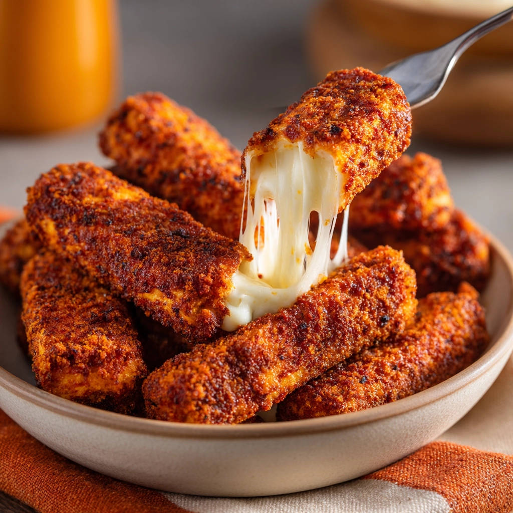 Perfect mozzarella sticks with a gooey cheese pull, showcasing the melty interior on a fork.