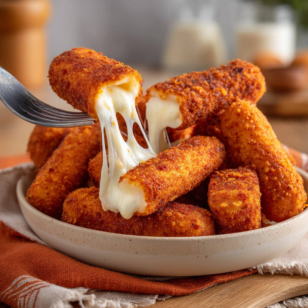 Perfect mozzarella sticks with a glorious cheese pull, showcasing the gooey interior and crispy breading.