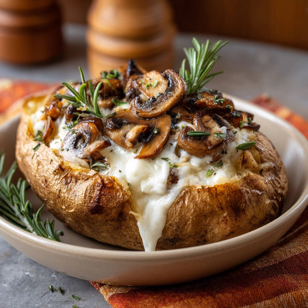 Fluffy mushroom & mozzarella baked potato topped with sautéed mushrooms and fresh rosemary garnish.