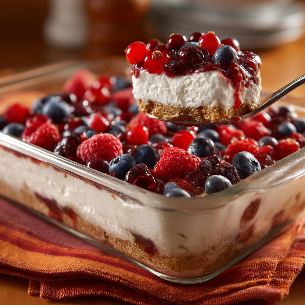Easy no-bake berry cheesecake bars with a slice being lifted, showing the creamy filling and berry topping.