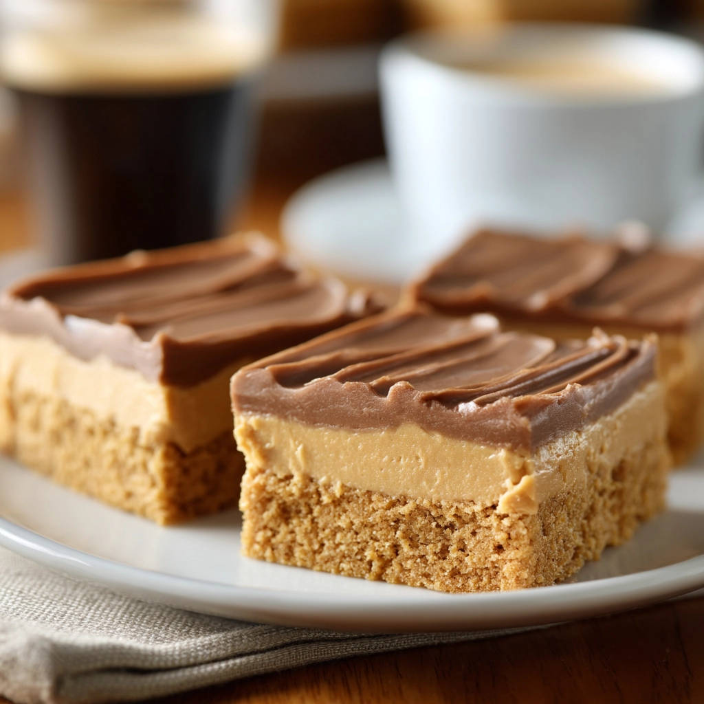 No-bake peanut butter bars shown in a close-up side view, highlighting their layered texture and chocolate topping.