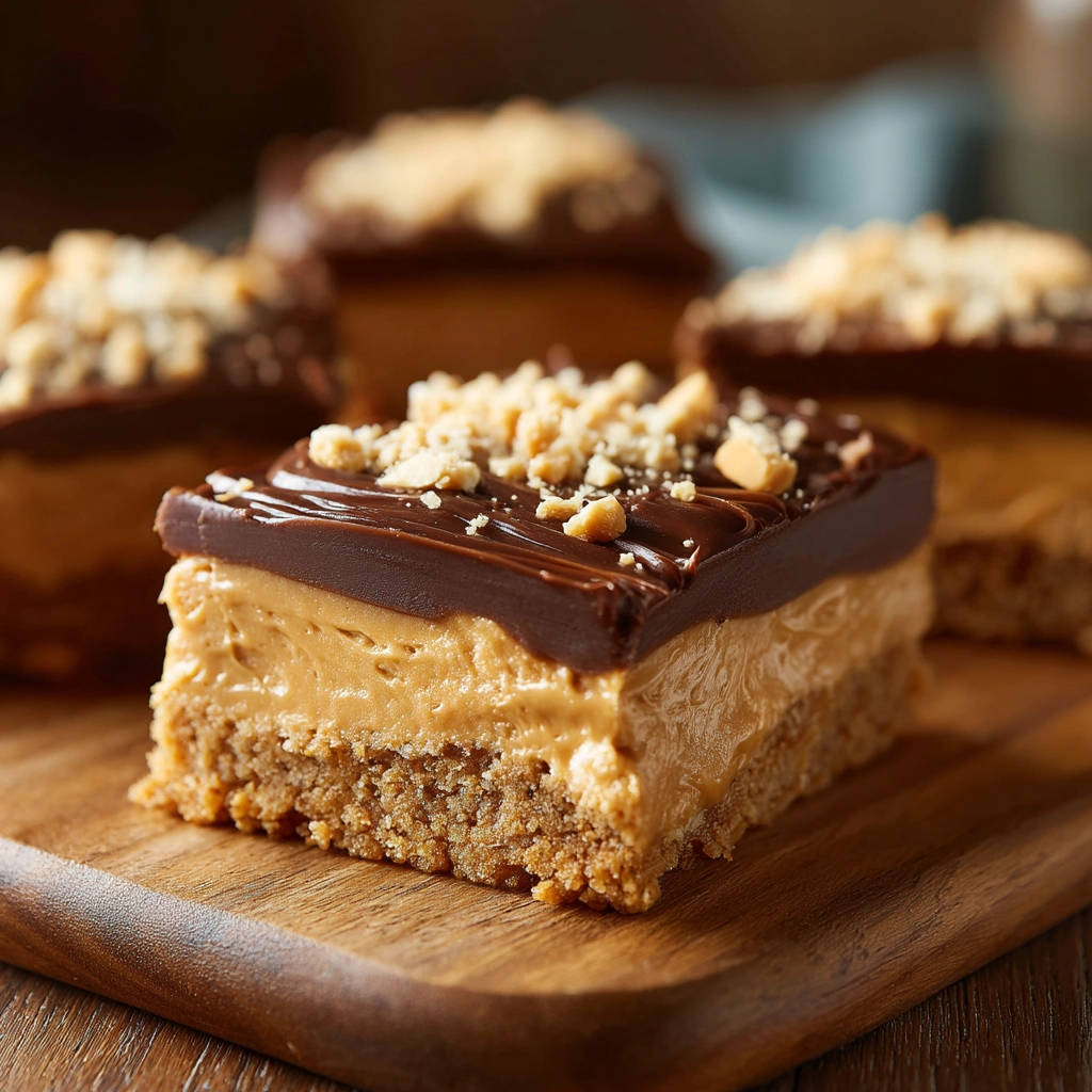 No-bake peanut butter bars shown in a close-up cross-section revealing the layers of peanut butter filling and chocolate topping.