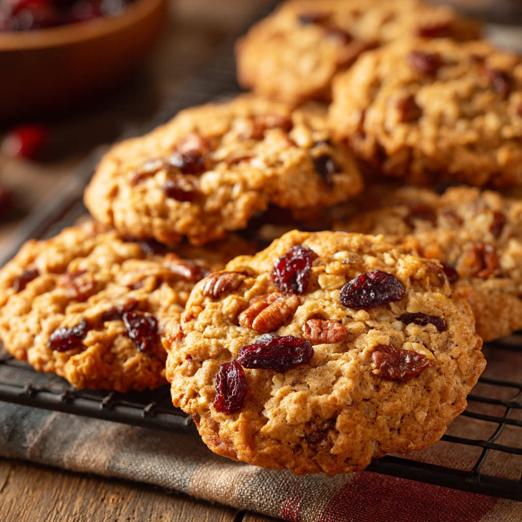 Oatmeal cranberry cookies cooling on a wire rack, showcasing dried cranberries and pecans embedded in the chewy texture.