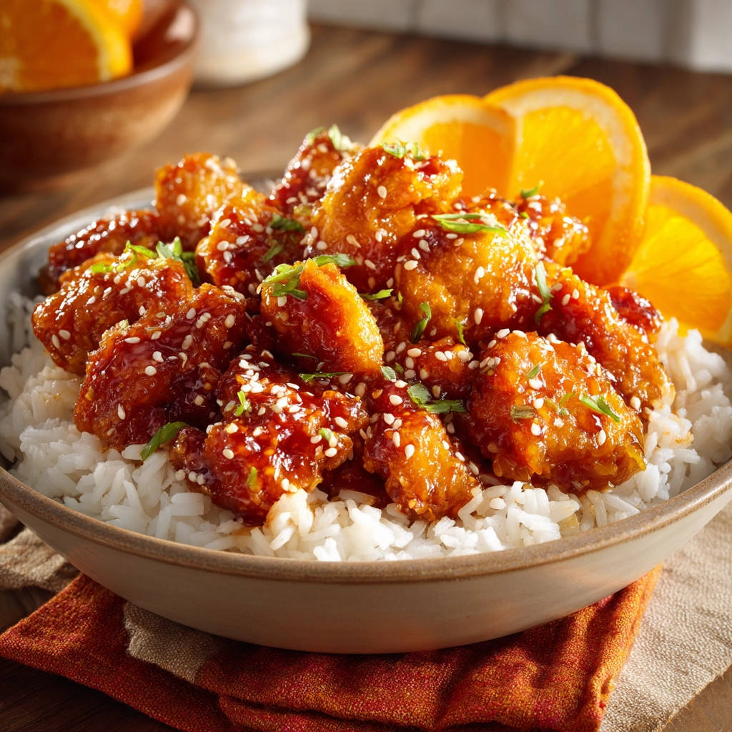 Crispy orange chicken served over white rice in a bowl, garnished with sesame seeds and fresh herbs.