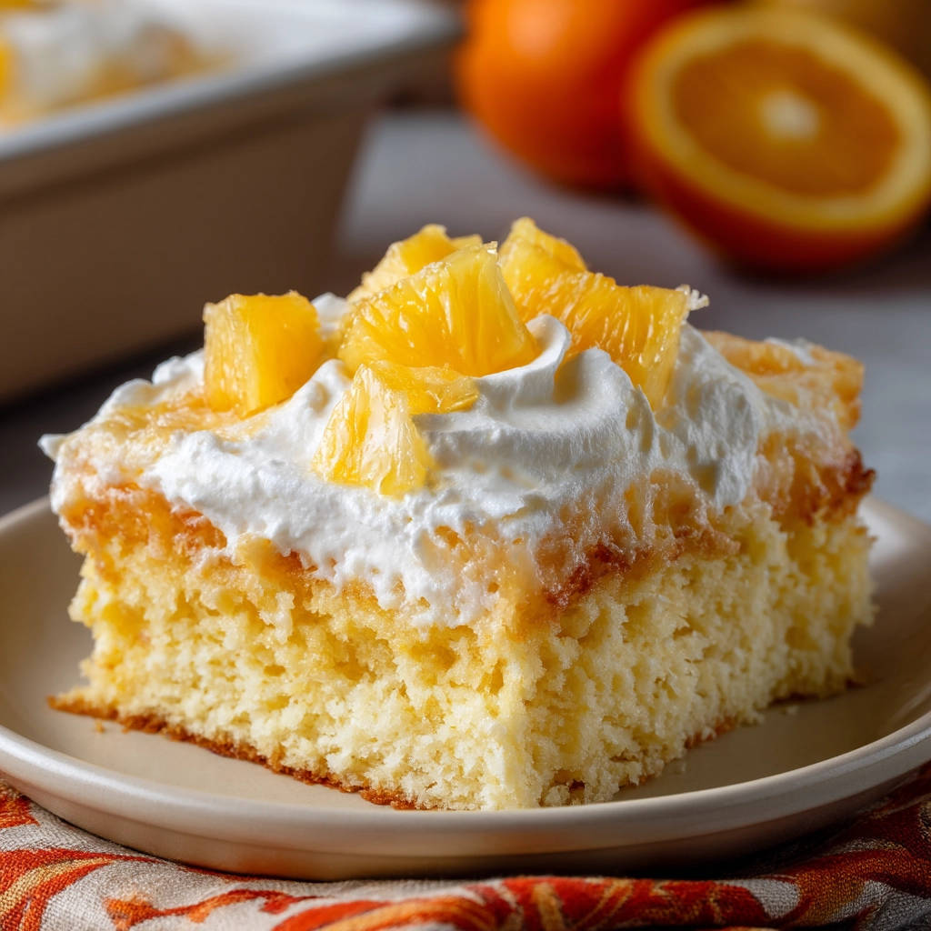 Orange cream cake, a plated slice topped with whipped cream and fresh orange pieces.