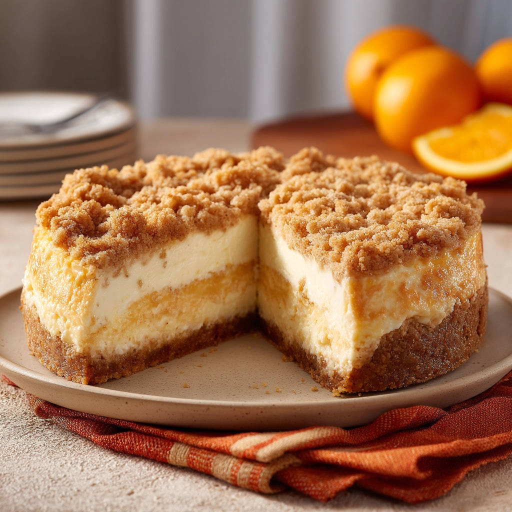 Orange crumble cheesecake showing a cross-section with layers of cheesecake and orange filling.