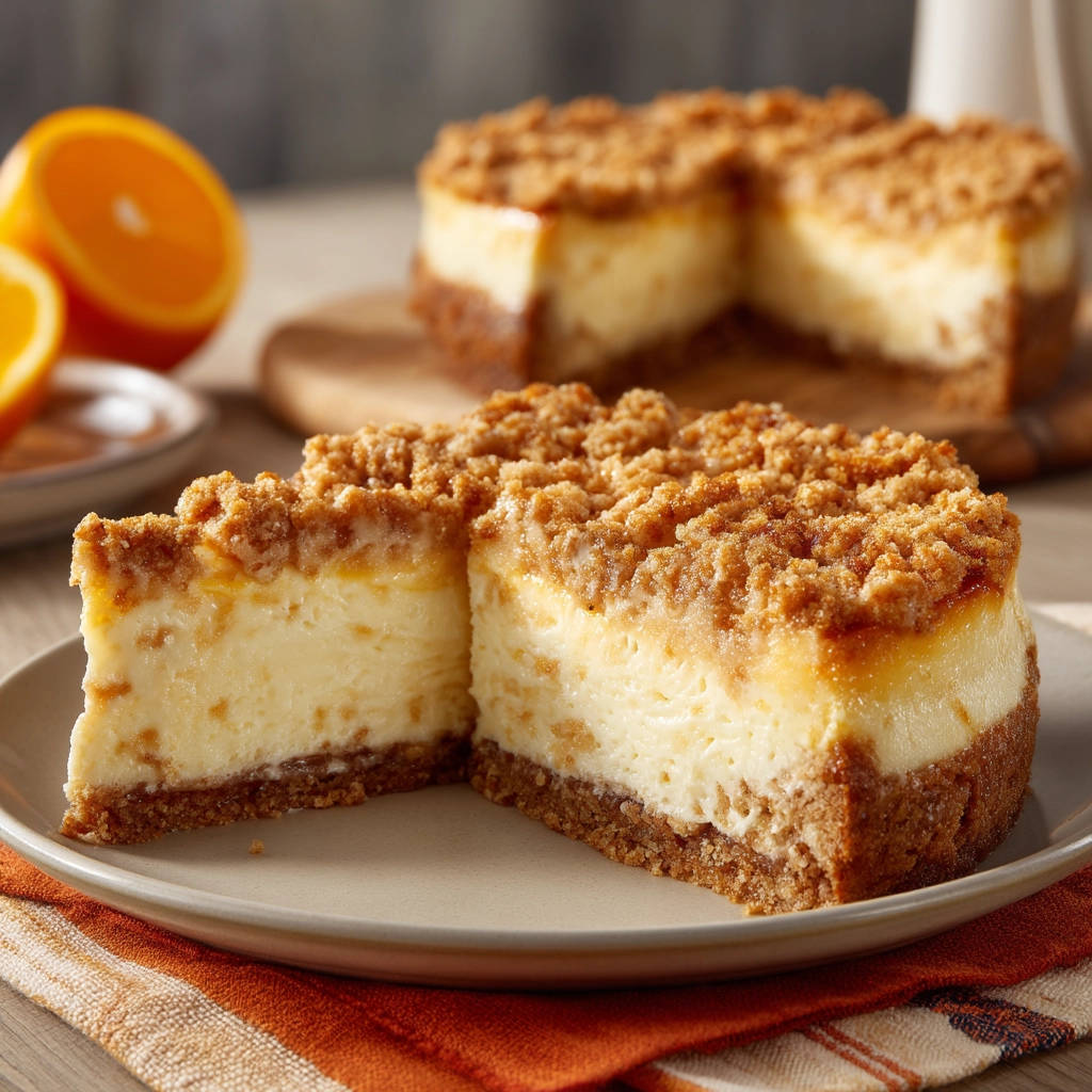 Orange crumble cheesecake shown as a close-up of a slice revealing its creamy interior and crumb topping.