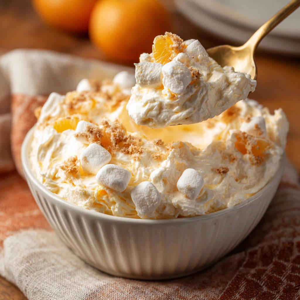 Orange fluff salad with marshmallows and mandarin oranges being scooped with a golden spoon.