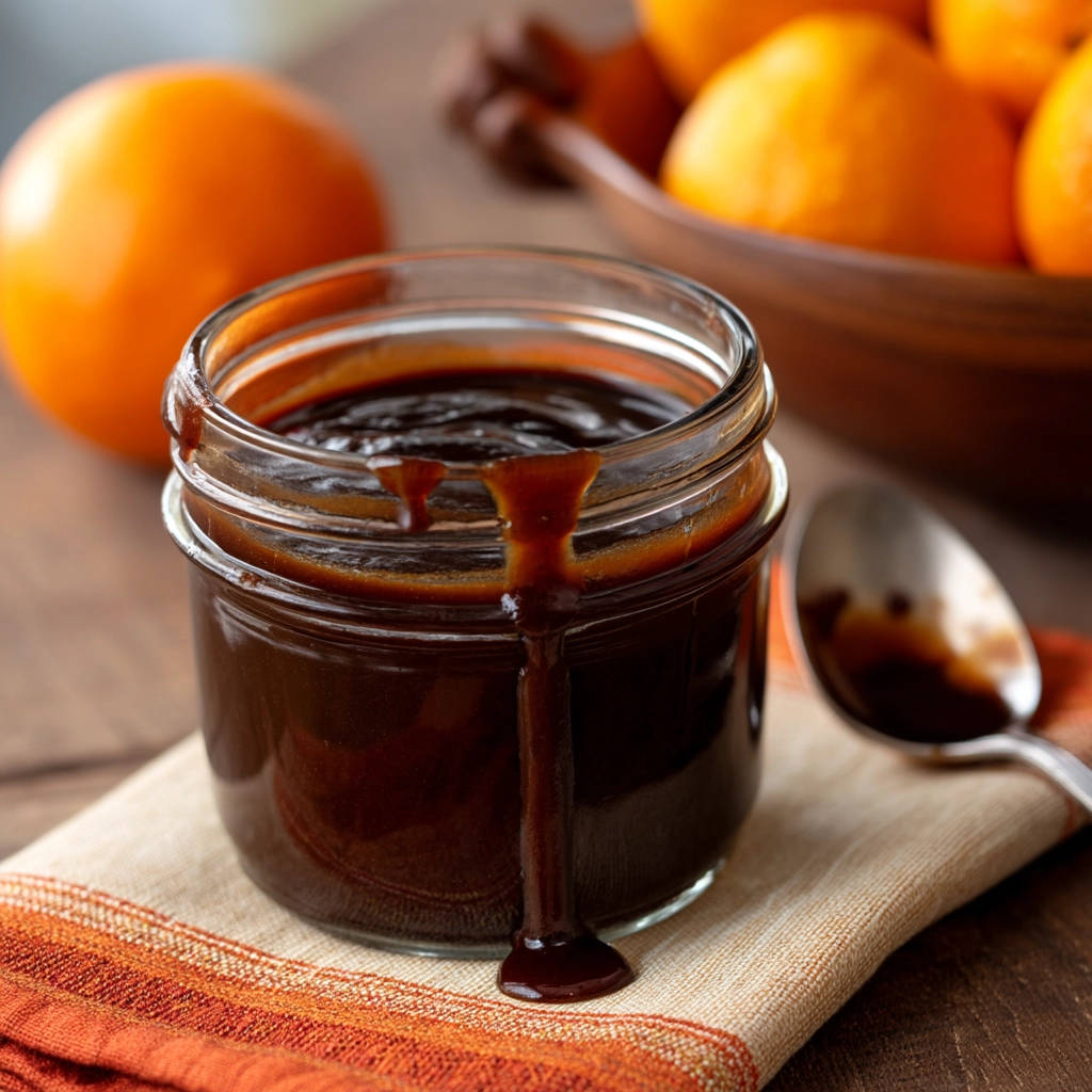 Easy orange glaze recipe shown in a glass jar with thick glaze dripping down the side.