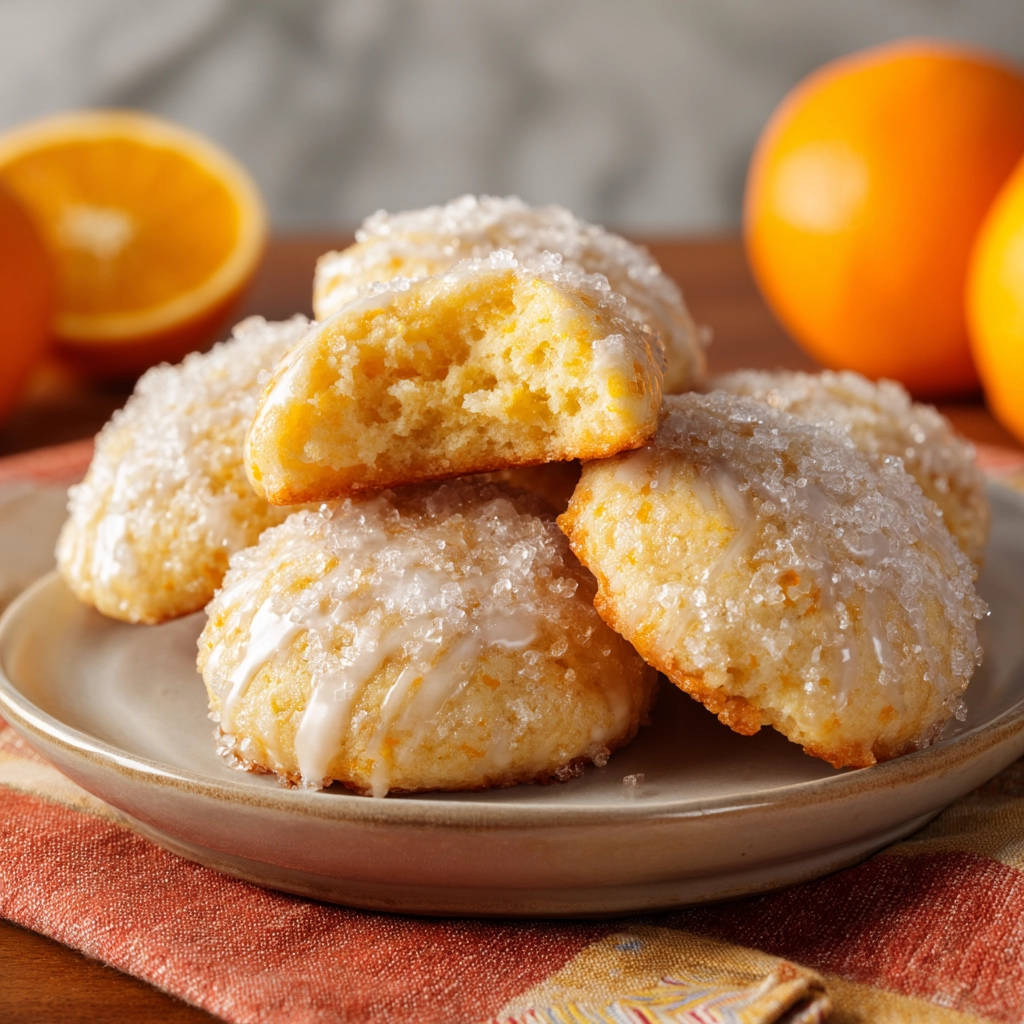 Orange glazed cookies showing a soft, tender cross-section with glistening sugar crystals.