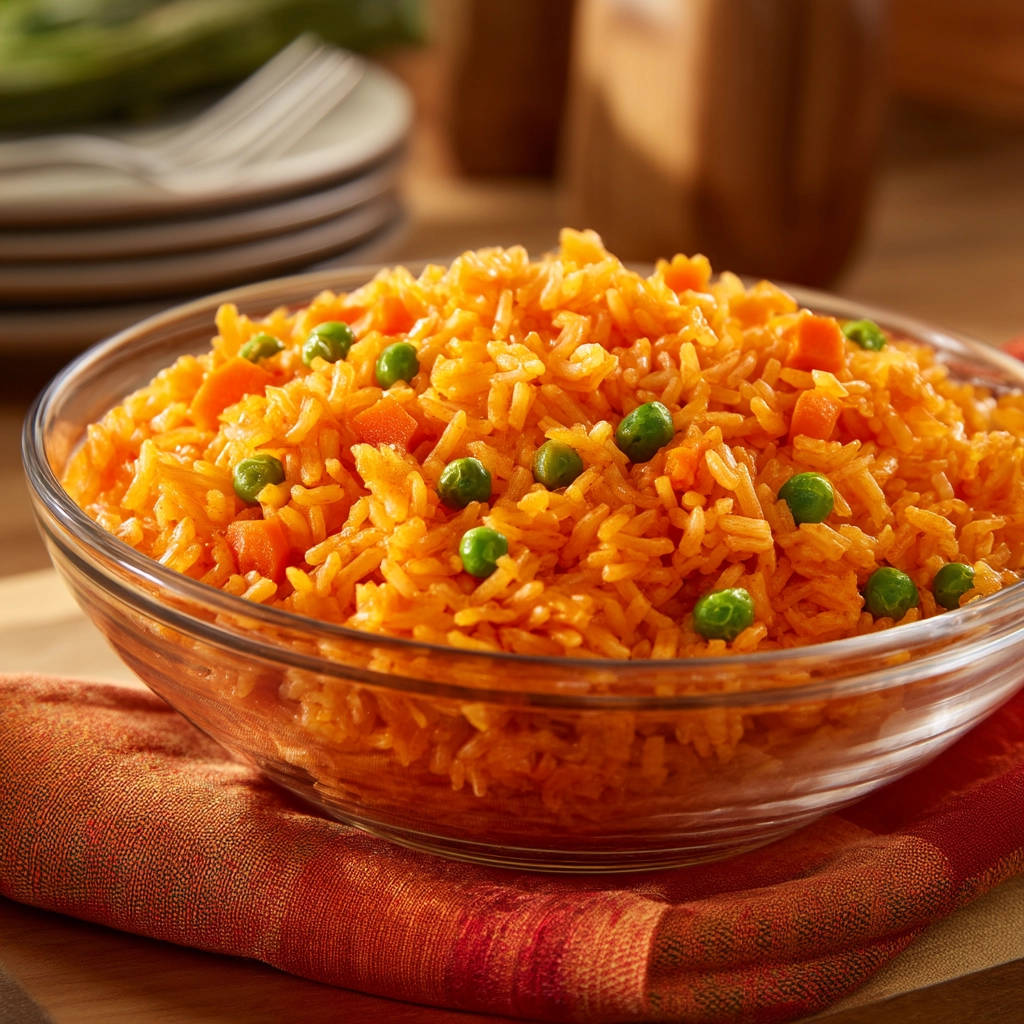 Perfect fluffy orange rice with carrots and peas served in a glass bowl, showcasing its vibrant color and texture.