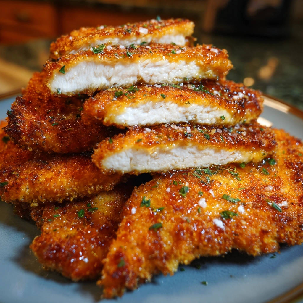 Crispy pan-fried chicken cutlets are stacked and sliced to reveal a juicy interior with a golden breadcrumb coating.