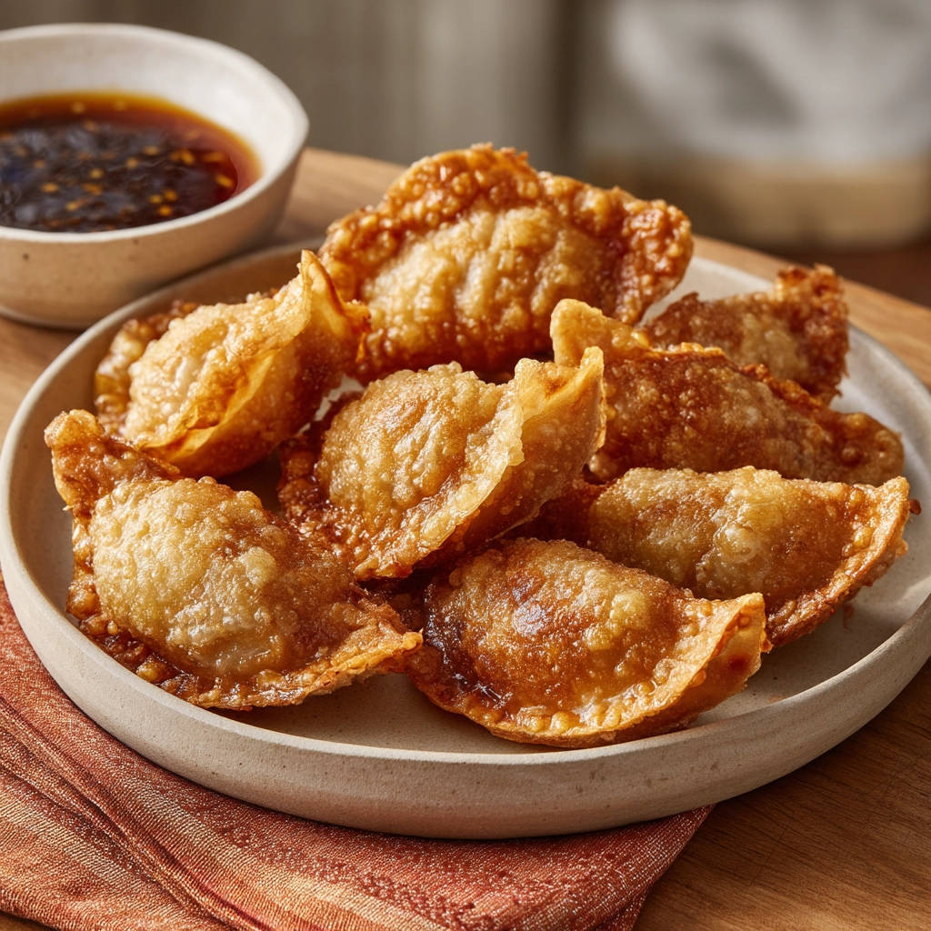 Pan-fried potstickers arranged on a plate, showcasing their golden-brown, crispy texture and served with dipping sauce.