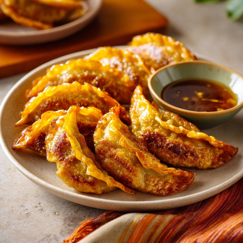 Pan-fried potstickers plated artfully with a small bowl of dipping sauce on the side.
